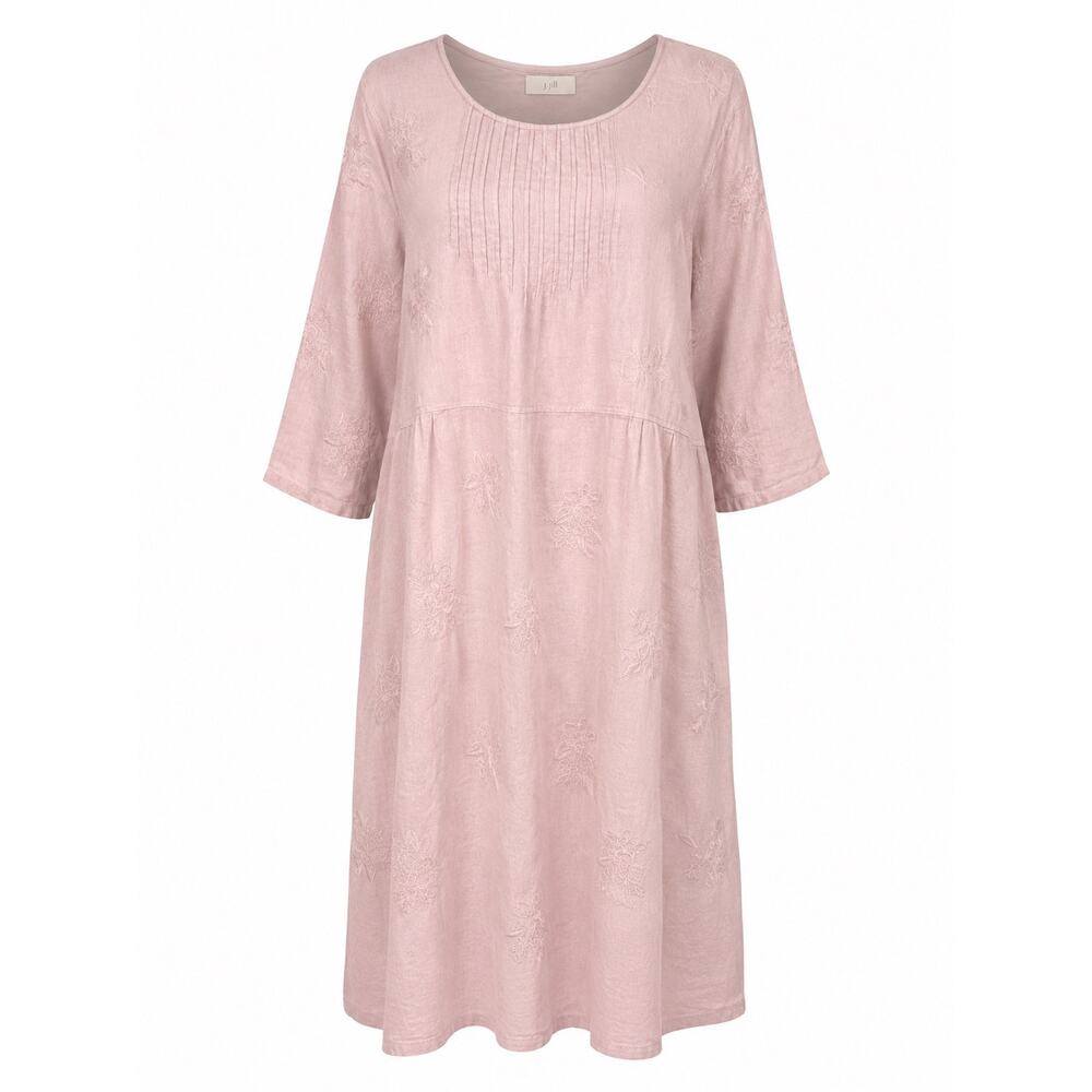 J. Jill Blush Pink Linen Midi Dress Pintuck Embroidered 3/4 Sleeve Relaxed Fit L
